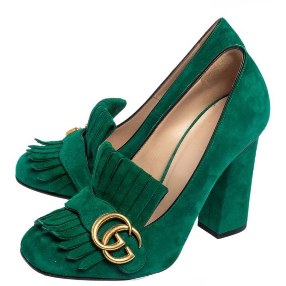 Gucci Green Suede Fringed Block Heel Pumps with Gold Double G